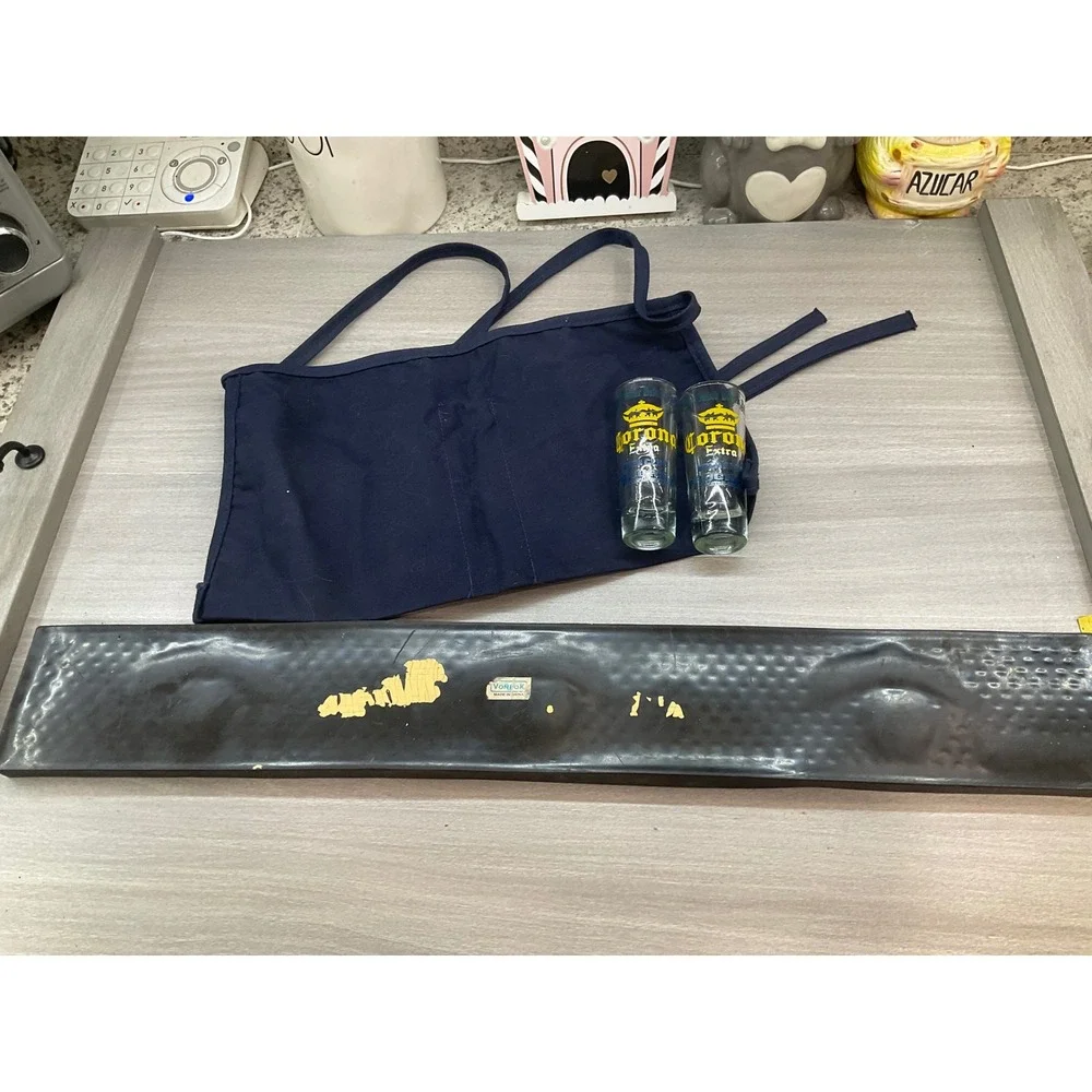 JIM BEAM BLACK BAR RAIL SPILL MAT CORONA APRON AND CORONA VINTAGE SHOT GLASSES